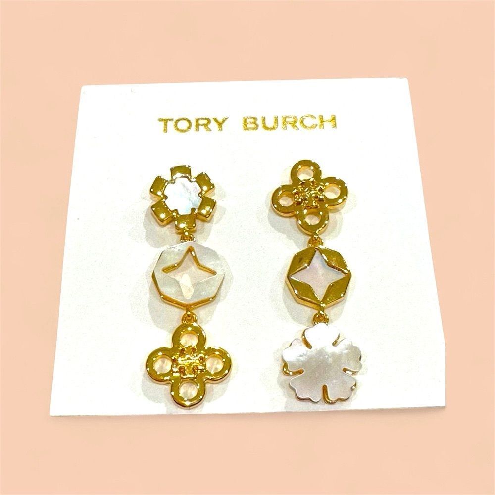 Tory Burch Kira Clover Logo 18k gold plated Mother of pearl Dangle Stud Earrings